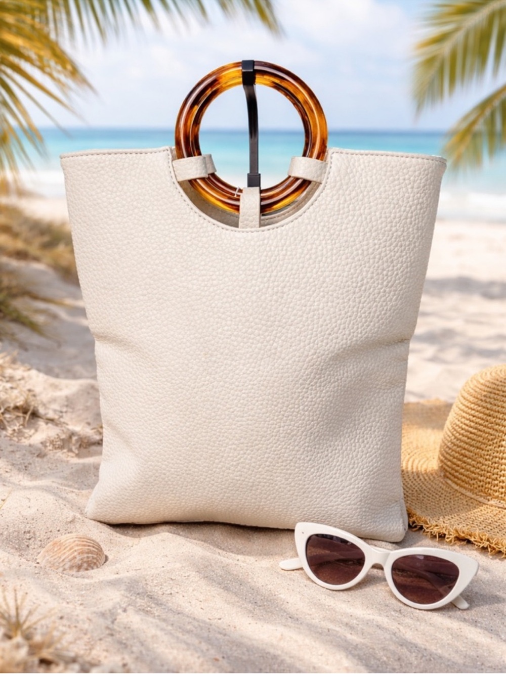 Minimal Cream Tote with Tortoiseshell Ring Handles - Picture 1 of 10